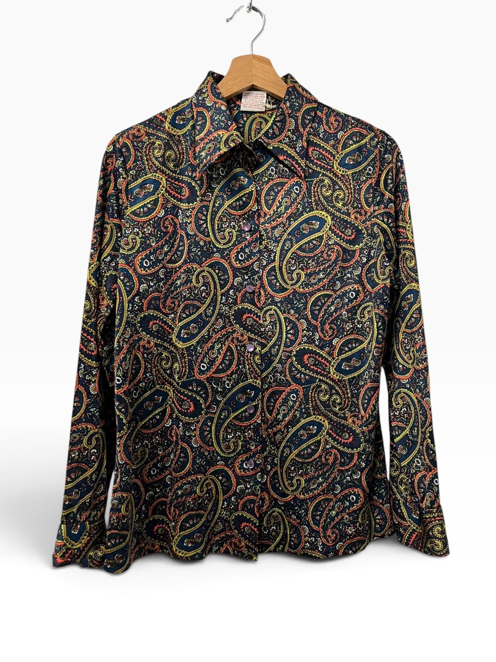 Vintage 70s Graff Paisley Shirt Women’s M Multicolor Disco Point Collar Blouse
